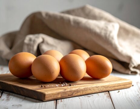 Six brown eggs on a wooden board with cloth backdrop