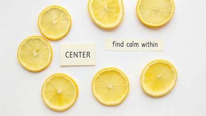 Fresh Lemon Slices Arranged with Inspirational Words for Calmness and Centering in Minimalist Setting