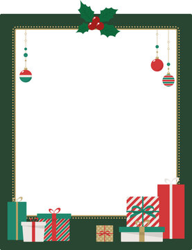  Vector Illustration: Festive Holiday Picture Frame with Traditional Red & Green Christmas Ornaments