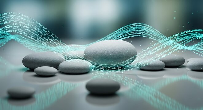 Serene 3D render of smooth grey balancing stones on a reflective surface, enveloped by glowing teal data waves. Represents wellness, technology, balance, and digital serenity.