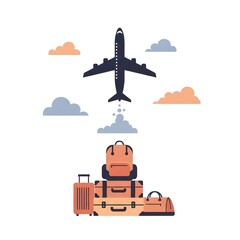 An illustration of an airplane flying above a pile of luggage, representing travel.