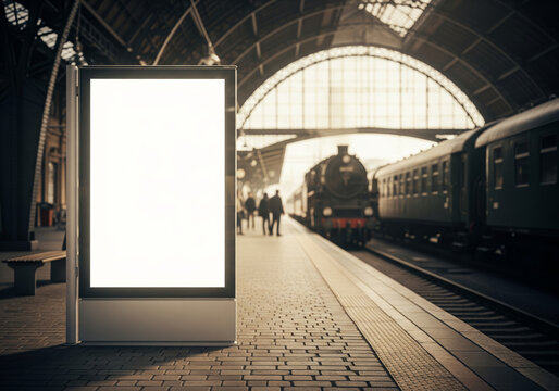 Blank illuminated billboard in classic train station with arched roof and vintage train platform for travel advertising or movie poster mockup