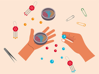 Human hand is making a keychain craft. Craft vector illustration. Flat illustration concept.