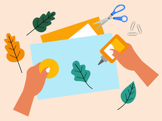 Human hands are making crafts from color paper that is cut out and forming leaves and then sticking on paper. Craft vector illustration. Flat illustration concept.