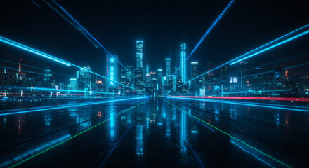 Futuristic cityscape with vibrant neon lights and sleek reflections, perfect for conveying innovation, technology, and a modern urban feel in digital designs
