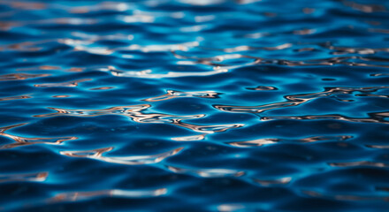 Stunning azure waters shimmering gently, reflecting light with calming movement for serene backgrounds and coastal vibes, perfect for travel blogs