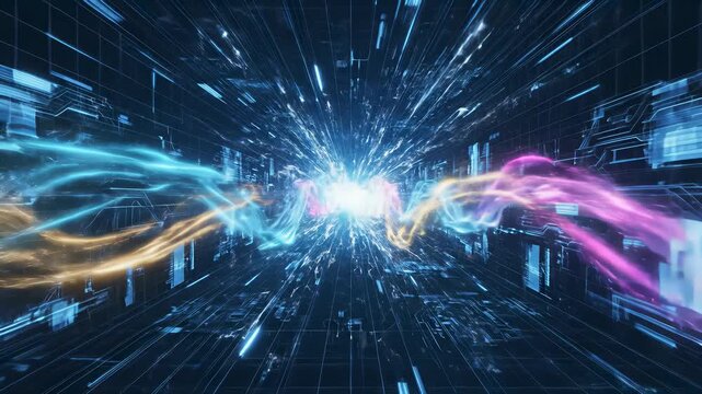 Technological innovation and futuristic urban development are on full display as a vibrant blue and yellow glow bathes the cityscape, with neon lights illuminating the dark.