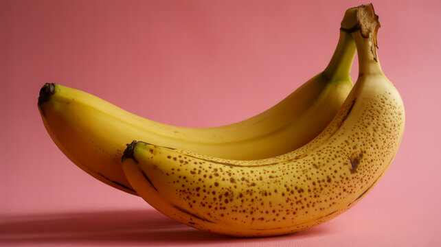 Two ripe yellow bananas with brown spots on a pink background fruit tropical