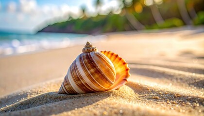 Seashell resting on golden sand beach with soft ocean waves and palm trees blurred in background during a warm tropical sunset