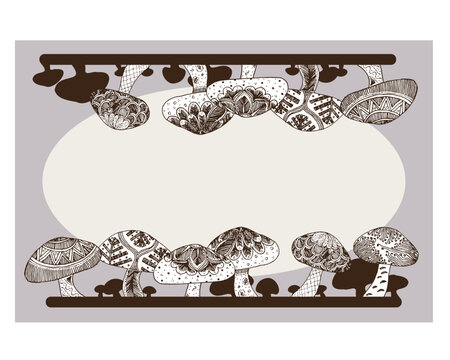 きのこのイラスト　装飾模様のフレーム　コミュニケーションカード　装飾　文具　雑貨　背景　付箋　便箋　空白　ベクター　一言添える　紙　デザイン