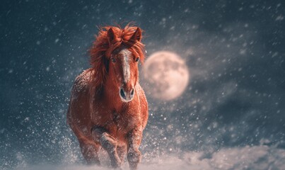 A horse is running in the snow with a full moon in the background