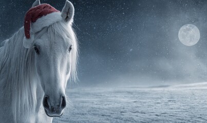 A white horse with a red Santa hat on its head is standing in a snowy field