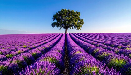 Vast lavender field under a clear blue sky with a solitary green tree casting a shadow across the rows of purple flowers during golden hour sunlight