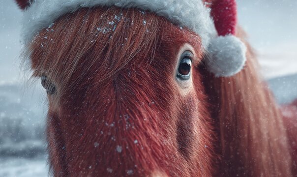A horse with a red mane and a red hat on its head - Powered by Adobe