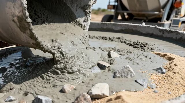 Medium shot capturing the blending of a lean concrete mix with more aggregate focusing on economical material use for lightweight applications.