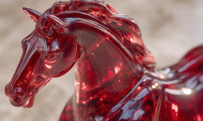 A horse made of glass is sitting on a sandy beach