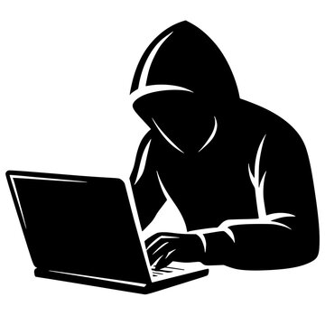 Hooded scammer working on laptop silhouette. Anonymous cybercriminal or programmer at computer. 