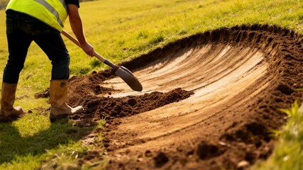 Medium shot of a construction worker shaping soil to form a gentle slope for effective water drainage on a grassy landscape.