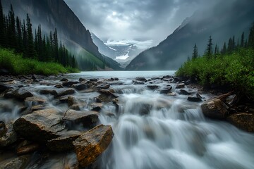 Cascading stream enters a breathtaking turquoise glacial lake with distant mountains and evergreen trees under clouds