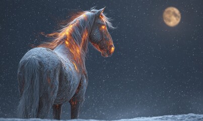 A horse with a glowing mane stands in front of a full moon