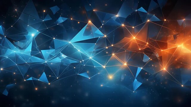 Abstract digital network background with glowing connections and geometric shapes in blue and orange tones, representing technology and communication.