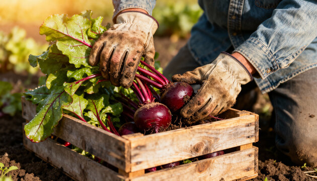 A close-up of a farmer’s gloved hands harvesting fresh beets and placing them in a wooden crate on a sunny field, representing organic farming, sustainability, and natural food production. - Powered by Adobe