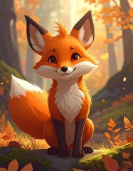 Obraz premium Animated cartoon fox sitting in an autumn forest scene