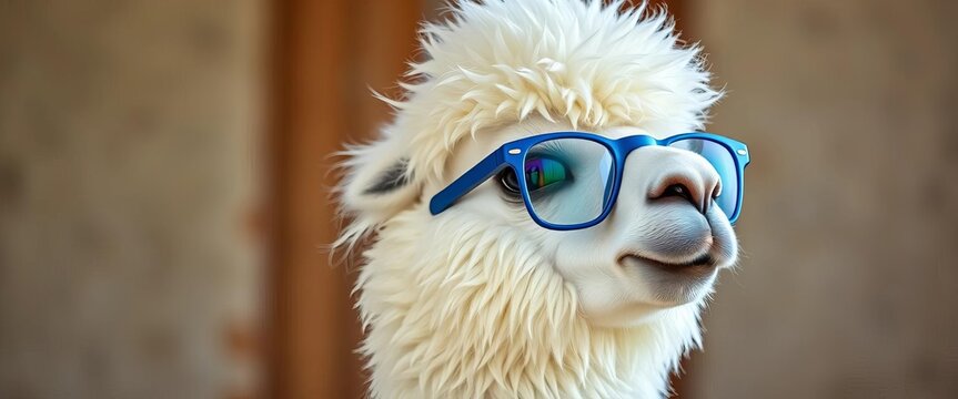 A fluffy white llama wearing stylish blue glasses, cute, farm animal