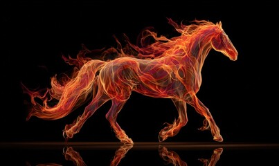 A horse with flames on its body is running through a dark background
