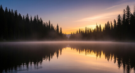 Fototapeta premium Golden Sunrise Reflects On A Misty Lake Framed By A Dark Forest Evoking A Serene Ambiance