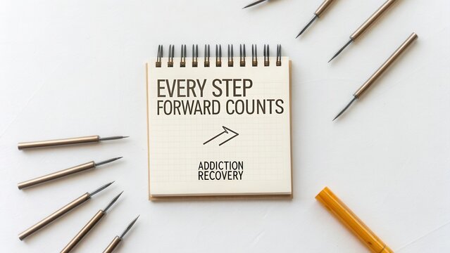 Inspirational note on addiction recovery with a motivational message on a notepad surrounded by tools and stationery