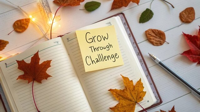 Inspirational note on notebook with autumn leaves, motivational message about growth amidst challenges and positive thinking concept