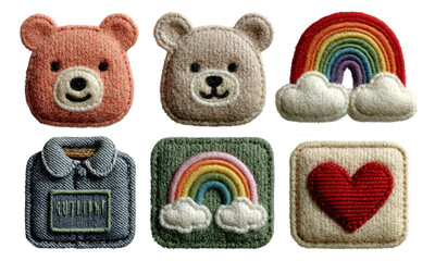 Colorful Embroidered Patches Featuring Bear, Rainbow, and Heart Designs