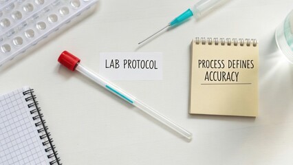 Lab protocol sheet, test tube, notebook, pen, and pipette on table showcasing systematic approach to ensuring experimental accuracy