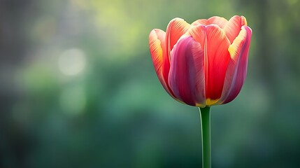 Fototapeta premium Elegant single red tulip with delicate yellow highlights standing tall in a soft natural garden
