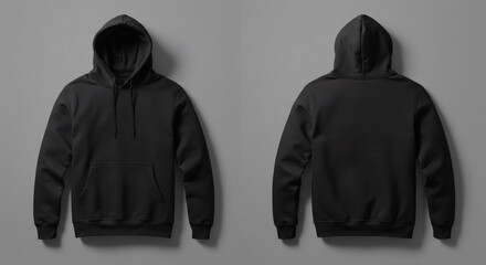 Versatile black hoodie shown front and back perfect for apparel mockups, branding, or fashion design projects