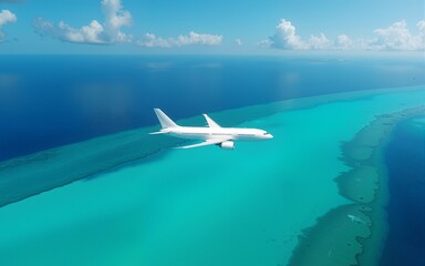 Aerial View of Airplane Flying Over Vibrant Blue and Turquoise Tropical Waters. High quality