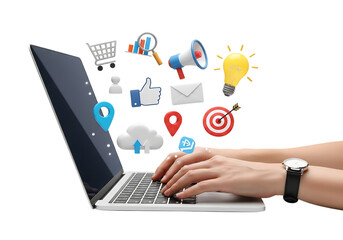 Digital marketing icons emerge from laptop screen with hands typing