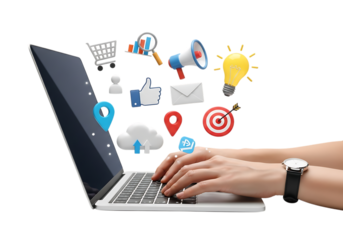 Digital marketing icons emerge from laptop screen with hands typing