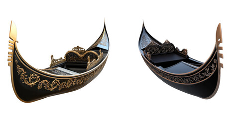 Two traditional Venetian gondolas, showcasing intricate craftsmanship and elegant design. The boats are empty, ready for a romantic journey along the canals