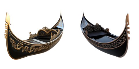 Two traditional Venetian gondolas, showcasing intricate craftsmanship and elegant design. The boats are empty, ready for a romantic journey along the canals
