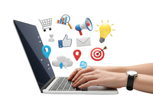 Digital marketing icons emerge from laptop screen with hands typing