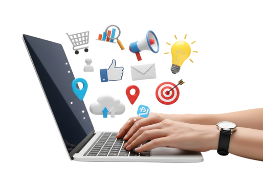 Digital marketing icons emerge from laptop screen with hands typing