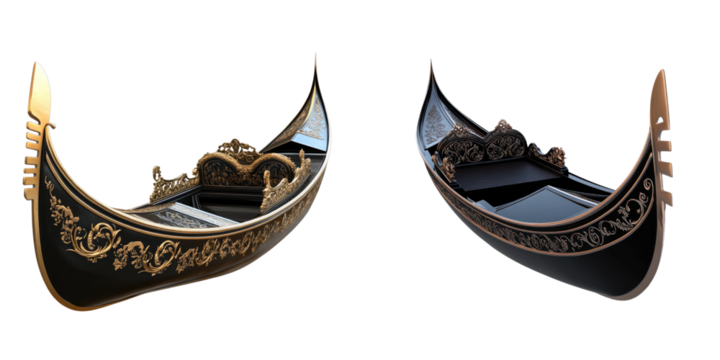 Two traditional Venetian gondolas, showcasing intricate craftsmanship and elegant design. The boats are empty, ready for a romantic journey along the canals