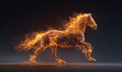 Fototapeta premium A horse is depicted in a fiery blaze, with its mane and tail flowing behind it