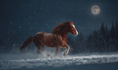 A horse is running through the snow with a full moon in the background
