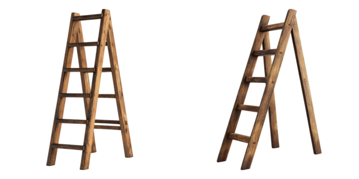 Two wooden ladders, one fully open and the other partially leaned, stand side by side
