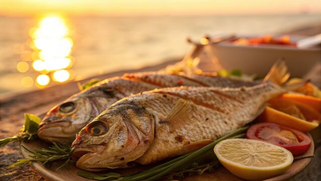 Grilled fish with lemon and herbs served at sunset highlights indian coastal cuisine with fresh ingredients and vibrant flavors
