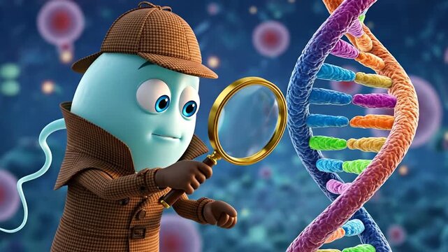 DNA Detective: An animated figure, dressed as a detective, examines a DNA strand with a magnifying glass, unveiling the secrets of genetics.