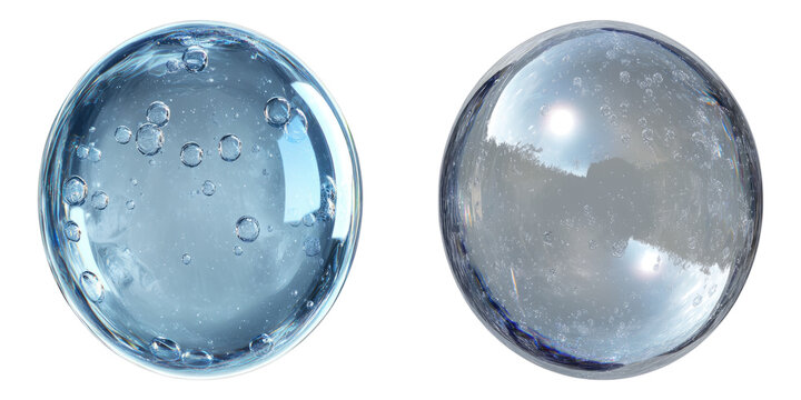Two translucent glass marbles with different textures, showing bubbles in one and reflections in another. A visual comparison of clarity and surface